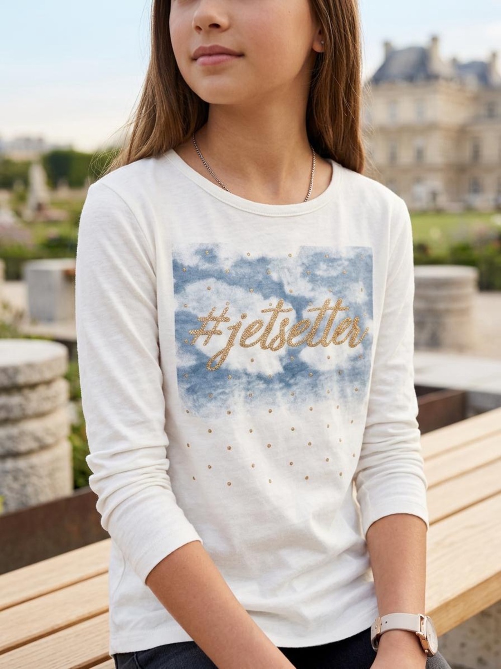 Epic Threads Cream Long Sleeve Tee with Blue Cloud Print and Gold Script